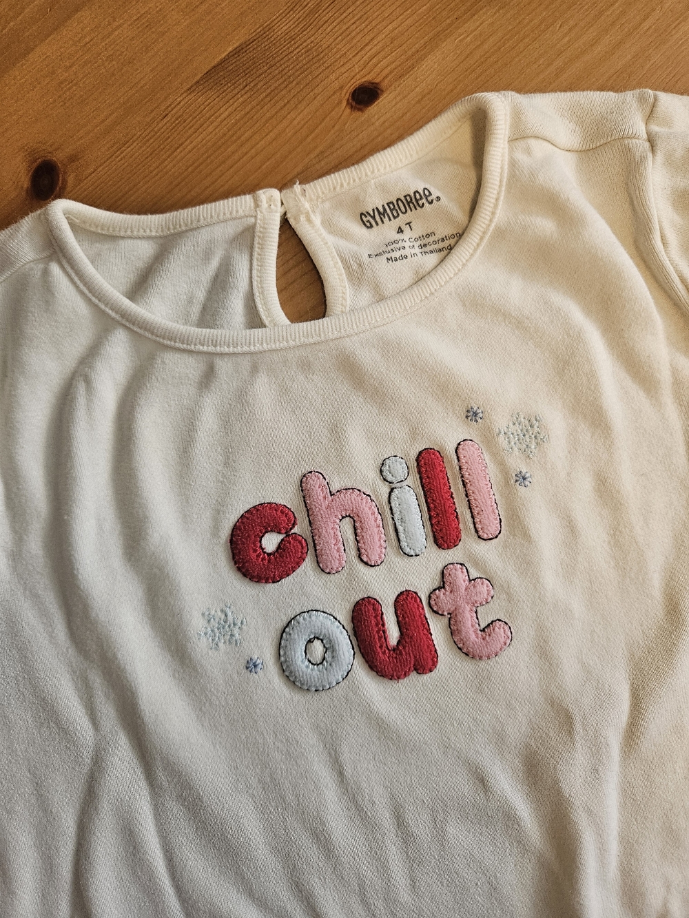 Gymboree White Long Sleeve Tee with Pink & Red Embroidered "chill out"